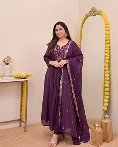 Ensemble indien pakistanais brodé bleu, robe Anarkali en mousseline de soie, dupatta en filet, col en V, tenue de fête et de mariage pour femmes - Product Image 3