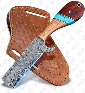 Cuchillo de caza y camping de hoja fija de acero de Damasco hecho a mano, estilo vaquero personalizado, con funda de cuero. - Product Image 6