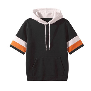 เสื้อฮู้ดแขนสั้นขายส่ง สีตัดกันที่แขนเสื้อ เสื้อฮู้ดฤดูร้อนแบบเรียบๆ เสื้อยืดมีฮู้ดแบบสวมหัวสำหรับผู้ชาย สกรีนโลโก้ตามสั่ง - Product Image 1