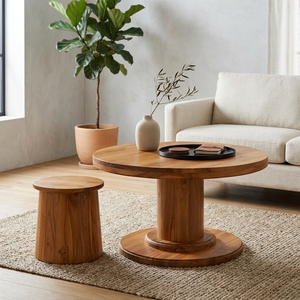 New Modern Minimalist Rhodes <b>Round</b> Coffee <b>Table</b> Natural Solid Teak Wood Pedestal Base Center Tea Accent <b>Table</b> Living Room Patio - Product Image 4