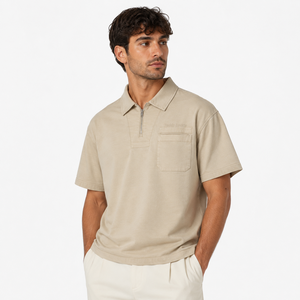 Polo de Algodón Grueso Lavado Estilo Vintage Oversize Personalizado con Cremallera 1/4 para Hombre, Camiseta Polo Streetwear con Hombro Caído y Bolsillo, Camiseta con Media Cremallera - Product Image 1