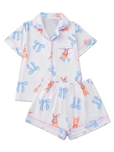 Conjunto de Pijama de Satén Estampado para Mujer, Manga Corta, Botones al Frente, Pantalones Cortos, Ropa de Dormir Transpirable, Ropa Casual de Verano para Mujer - Product Image 2