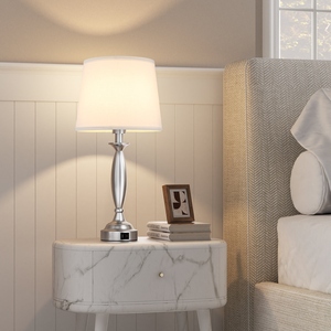Elegant design Brushed Silver <b>Table</b> Lamp Set of 2 Modern <b>Bedside</b> Nightstand Light <b>USB</b> Charging Port White Fabric Shade Bedroom - Product Image 4