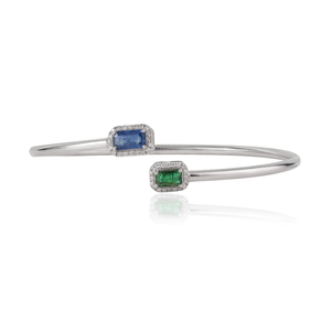 Bracelet ouvert en argent 925 de haute qualité avec émeraude naturelle taille octogonale et saphir bleu, double tête de diamant - Product Image 1