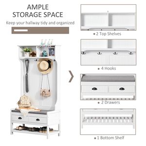 Panca da Ingresso 3-in-1 Bianca Imbottita con Appendiabiti, Scarpiera, 2 Cassetti Contenitori e 4 Ganci - Per Arredamento Casa e Hotel - Product Image 4