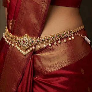 Jewelemarket Traditional Pearl Kamarband with Pota Stone Fashion Body <b>Chain</b> for Bridal & Festive Wear 10575564PGR - Product Image 1