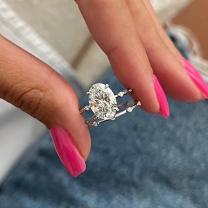 2.5 Carat Oval Lab Grown E VVS2 Diamond Bridal Set , <b>Thin</b> Engagement <b>Ring</b> , 14K White Gold , IGI Certified - Product Image 3