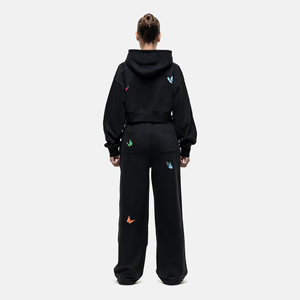 Sudadera con Capucha Corta Negra para Mujer con Mariposas Bordadas, Sudadera con Cierre, Manga Regular, Tejido de Algodón, Ropa de Otoño - Product Image 4