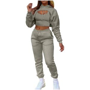Low Price Sexy Blank Crop <b>Top</b> <b>Long</b> <b>Sleeve</b> Hoodie and <b>Long</b> Trousers Casual Custom Logo Women 2 Piece Tracksuits Set - Product Image 5