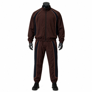 Ensemble de survêtement pour homme, couleur marron, blocs de couleurs, manches longues, col montant, style sportif, respirant, polyester, vêtements d'automne - Product Image 1