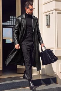 <b>Men</b> Genuine Leather <b>Long</b> Trench <b>Coat</b> Double Breasted Notched Lapel Overcoat With Pockets Regular Fit - Product Image 6