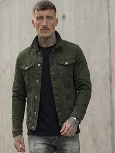 Men's Olive Green Canvas Shirt <b>Jacket</b> Stand Collar Casual <b>Slim</b> Fit Button Front Autumn Wear - Product Image 1