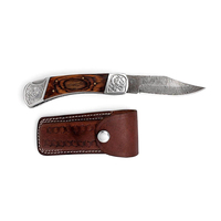Couteau pliant à lame droite en acier Damas 15 cm, pointe clip, manche en bois, étui en cuir gravé, pour poche, extérieur, camping, chasse