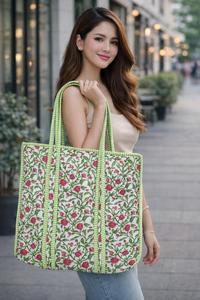 กระเป๋าโท้ทใบเล็กพิมพ์ลายบล็อกสำหรับผู้หญิง กระเป๋าถือสำหรับช้อปปิ้ง ไปเที่ยวทะเล ใช้ในชีวิตประจำวัน กระเป๋าถือแบบอินเดียดั้งเดิม สวยงาม หรูหรา - Product Image 4