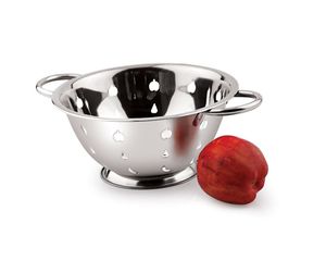 Bol passoire en acier inoxydable poli miroir chromé avec découpe en forme de pomme, deux poignées, base surélevée, compatible lave-vaisselle, écologique - Product Image 1