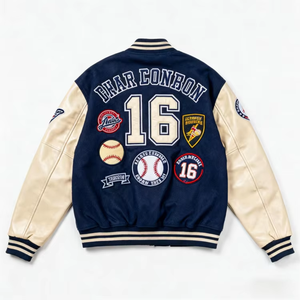 Custom Logo Front Chenille Embroidery Stand Collar <b>Patchwork</b> Streetwear Men Winter Bomber Letterman Varsity <b>Jacket</b> - Product Image 2