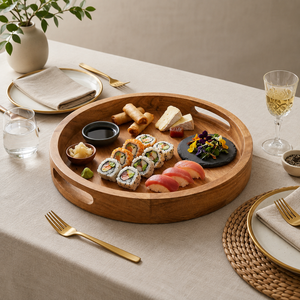 Plateau de service rond en bois de luxe avec poignées, plateau décoratif en bois naturel fait à la main pour table à manger, petit-déjeuner, café, thé - Product Image 2