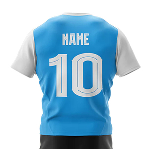ชุดเสื้อฟุตบอลสีน้ำเงินขาวสำหรับผู้ชาย พร้อมกางเกงขาสั้น พิมพ์ลายแบบ Sublimation ระบายเหงื่อได้ดี คอกลม แขนสั้น เหมาะกับทุกฤดูกาล สำหรับผู้ใหญ่ - Product Image 5