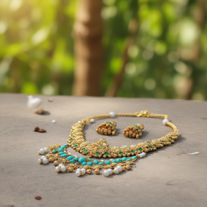 Heritage Gold Plated Pota Stone Beads Temple <b>Long</b> <b>Necklace</b> Set Featuring Natural Turquoise Religious for Weddings-10575504GR - Product Image 3