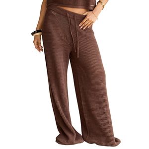<b>Womens</b> Knit <b>Trousers</b> Chocolate Brown Wide Leg <b>Beach</b> Pants High Waist Drawstring Summer Resort Wear Bottoms - Product Image 2