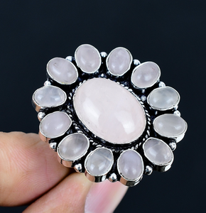 <b>Rose</b> Quartz Gemstone Half Flower Shape Antique Silver Plated Traditional Ring Special Jewelry Gift for Mom Floral Design - Product Image 1