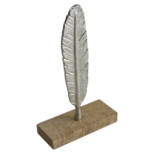 Sculpture décorative en métal en forme de feuille avec base en bois, argent brillant, accessoires et ornements de Noël pour table, prix de gros - Product Image 1