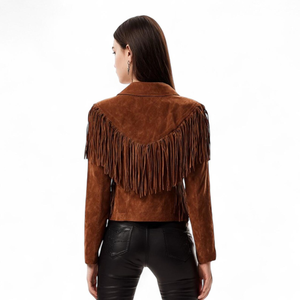 Chaqueta con flecos marrones para mujer, cuello vuelto, manga larga, estilo occidental, para otoño - Product Image 4