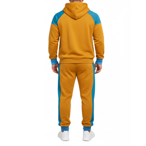 Conjunto Deportivo Raglán para Hombre en Amarillo Mostaza y Azul Cielo con Puños en Contraste – Sudadera con Capucha y Pantalón de Dos Piezas con Logotipo Personalizado - Product Image 2