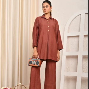 Brown Silk Crinkle <b>Kaftan</b> Co-Ord Set - Product Image 1