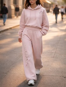 Floral Embroidered Custom Hoodies Hot Selling Tracksuit Oversized Hoodie and Relaxed Fit <b>Palazzo</b> <b>Pants</b> Two Piece Set Winter DTG - Product Image 5