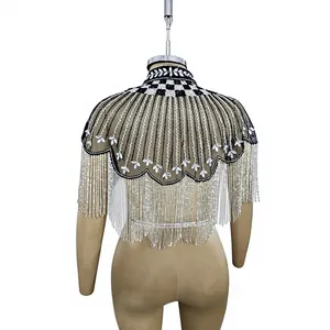 Cape d'épaule de luxe en polyester à franges perlées argentées pour adulte - Boléro de soirée et Chandni de fête brodés à la main Export ODM - Product Image 4