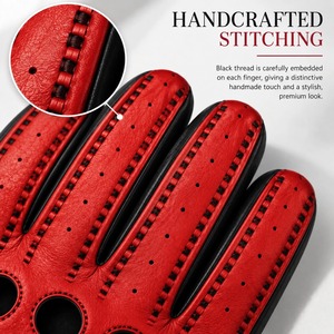 Men <b>Leather</b> Driving Motorcycle <b>Gloves</b> Red Black Perforated Breathable Unlined Snap Button Wrist Racing Car Custom Logo - Product Image 4