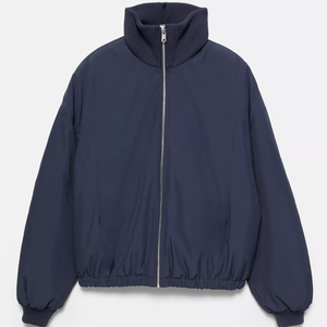 Men's Navy Blue Puffer <b>Jacket</b> Stand Collar Zipper Closure Casual Winter Wear Polyester <b>Fleece</b> <b>Lining</b> Thick Insulated - Product Image 1