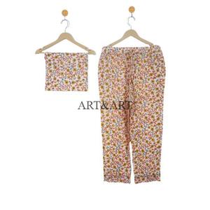 100% Cotton Luxury Casual Women's Long Sleeve Summer Pajama <b>Set</b> Floral Print Button Design Elastic Waist Smooth Soft Breathable - Product Image 3