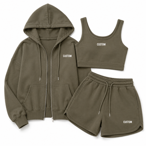Ensemble de survêtement 3 pièces pour femme, vert olive, avec sweat à capuche zippé, crop top et short, logo personnalisé, vêtements de sport décontractés, streetwear, vente en gros, usine OEM - Product Image 2