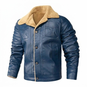 <b>Men's</b> Vintage <b>Black</b> PU Leather Jacket with Sherpa Fleece Lining Turn Down Collar Button Closure Winter <b>Coat</b> - Product Image 6