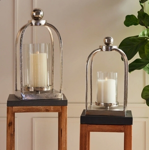 <b>Silver</b> Metal & Glass Arch Candle <b>Lantern</b> - Modern Pillar Candle Holder with Pedestal Base for Home Decor Wedding Table Centerpie - Product Image 2