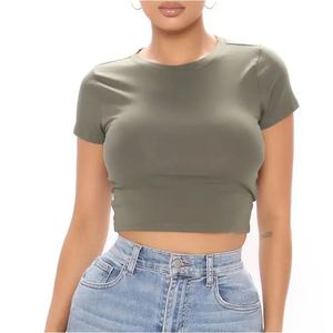 Camisetas Streetwear para Mujer, Color Verde Oliva, Corte Recortado, Manga Corta, Cuello Redondo, Camiseta Corta Elegante, Lisa, de Algodón Suave, Informal - Product Image 1