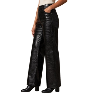 Pantalon palazzo à jambes larges en cuir véritable noir gaufré crocodile, taille haute - Product Image 5