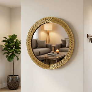 Gold Leaf Handmade Metal & Glass Round Wall <b>Mirror</b> From REHMAN <b>CRAFT</b> - Product Image 5