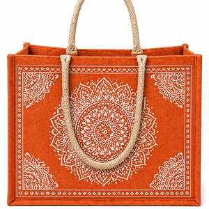 Orange Mandala Printed Jute <b>Mini</b> <b>Tote</b> <b>Bag</b> Eco Friendly Reusable Magnetic Closure Ethnic Block Print for Wedding Party Groceries - Product Image 1