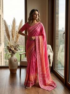 Designer Digital Print With Hand Aari Work And Hand Khatli Work Real Mirror Work with Gota Piping Border Chinon Silk <b>Saree</b> - Product Image 4