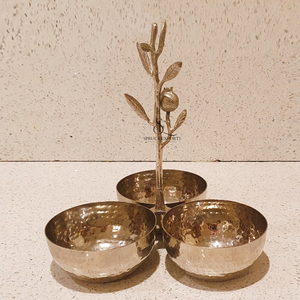 Luxury Hammered Theme Metal 3-Compartment Cluster Bowl With <b>Decorative</b> <b>Twig</b> Handle Round Shape, Wholesale Home <b>Decor</b> Piece - Product Image 1