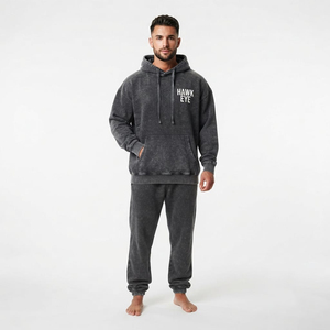Conjunto de Sudadera con Capucha y Pantalones Deportivos Oversize para Hombre, Color Carbón, con Lavado Ácido, Hombros Caídos, Bolsillo Canguro y Cordón Ajustable, Estilo Casual de Dos Piezas - Product Image 2