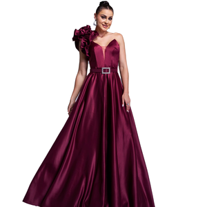 Robes de soirée élégantes et luxueuses, modestes, à une épaule, en satin, avec appliques, soutien-gorge intégré, dos nu, coupe Empire A-Line, antistatiques et respirantes - Product Image 3