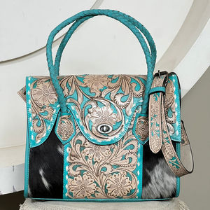 Sac à main en cuir de vachette véritable de haute qualité, turquoise, avec des détails en cuir travaillé, pour femmes, sac à bandoulière, sac fourre-tout, sac à main - Product Image 4