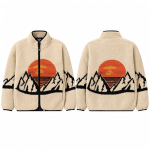 Veste en polaire douce à col montant avec fermeture éclair, motif brodé coucher de soleil en montagne, design géométrique, tenue décontractée d'hiver - Product Image 1