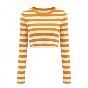 wholesale custom <b>women</b> T Shirt Premium Quality Quick Dry Breathable Custom polyester summer <b>crop</b> t shirt mustared <b>white</b> stripe - Product Image 1