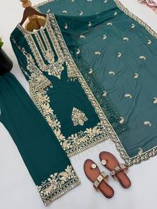 Hermoso Kurti Verde de Georgette con Dupatta, Bordado Intenso, Corte Ajustado, Vestido de Fiesta para Invierno, Vestido Abaya Modesto para Adultos - Product Image 3