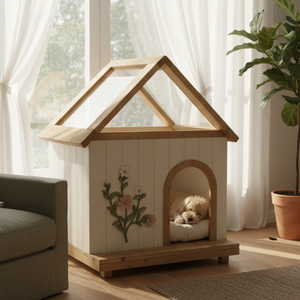 Maison pour animaux de compagnie en bois avec motif floral pour petits chiens, style villa d'intérieur, blanc et bois - Product Image 2